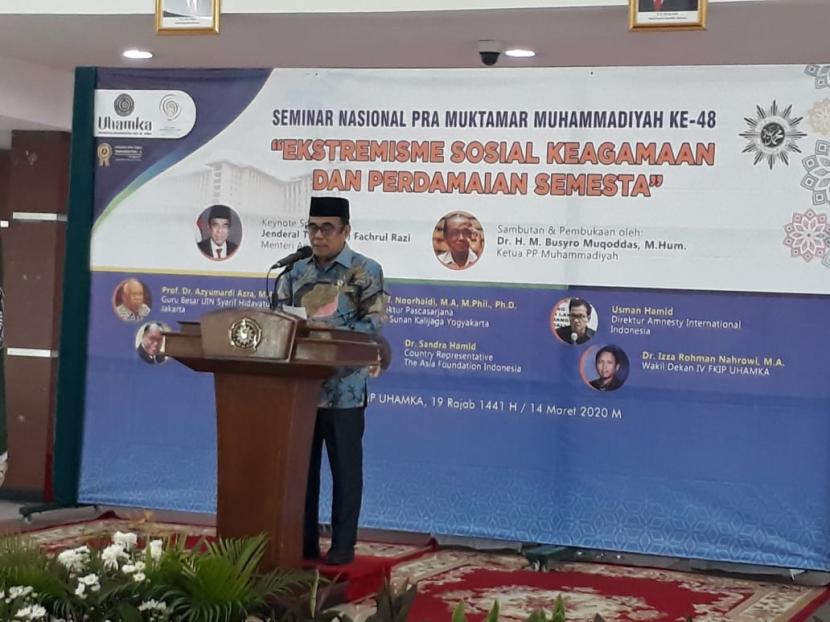 Menteri Agama (Menag), Fachrul Razi menjadi pembicara utama di Seminar Pra Muktamar Muhammadiyah ke-48 di Universitas Muhammadiyah Prof. Dr. Hamka pada Sabtu (14/3).