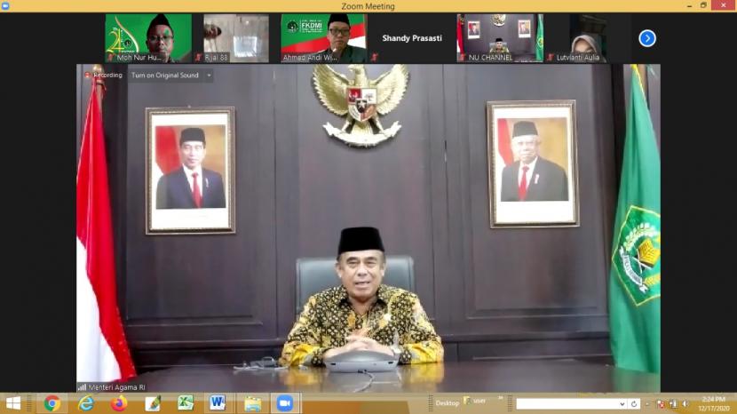 Menteri Agama (Menag) Fachrul Razi menyampaikan tausiyah dalam acara peringatan Harlah FKDMI ke-24 secara virtual, Kamis (17/12). 