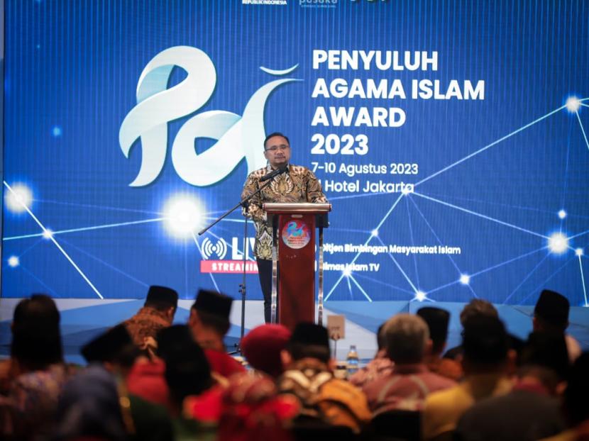 Menteri Agama Yaqut Cholil Qoumas dalam acara gelaran Penyuluh Agama Islam (PAI) Award 2023 tingkat nasional di Jakarta