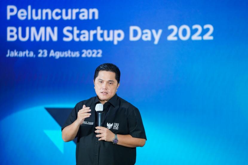 Menteri Badan Usaha Milik Negara (BUMN) Erick Thohir saat meluncurkan BUMN Startup Day 2022 di kantor Kementerian BUMN, Selasa (23/8/2022).