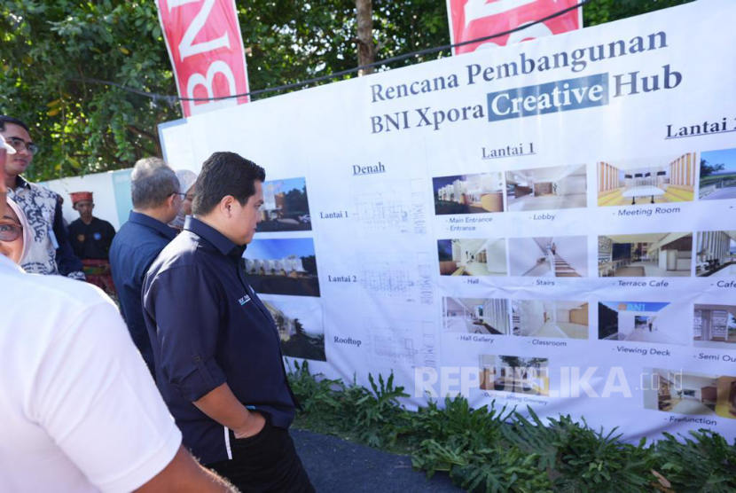 Menteri BUMN Erick Thohir meninjau fasilitas Creative Hub yang dibangun BNI pada proyek Bakauheni Harbour City (BHC), proyek kawasan terintegrasi yang akan menjadi ikon pariwisata di Lampung, Kamis (1/12/2022). 