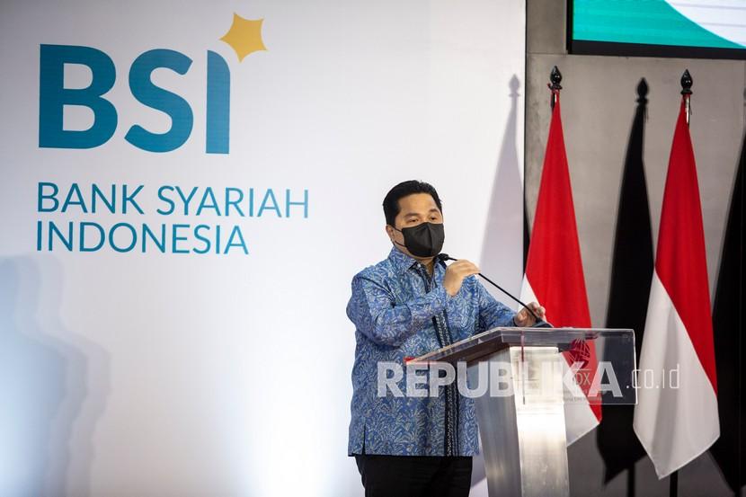 BSI: Menteri BUMN Erick Thohir menyampaikan sambutan saat IDX Debut Bank Syariah Indonesia (BSI) di Main Hall BEI, Jakarta, Kamis (4/2/2021). Debut BSI di pasar modal diikuti naiknya harga saham emiten berkode BRIS ini sebesar 0,73 persen dari harga pembukaan di level Rp2.750 menjadi Rp2.770 per lembar ketika pasar dibuka.