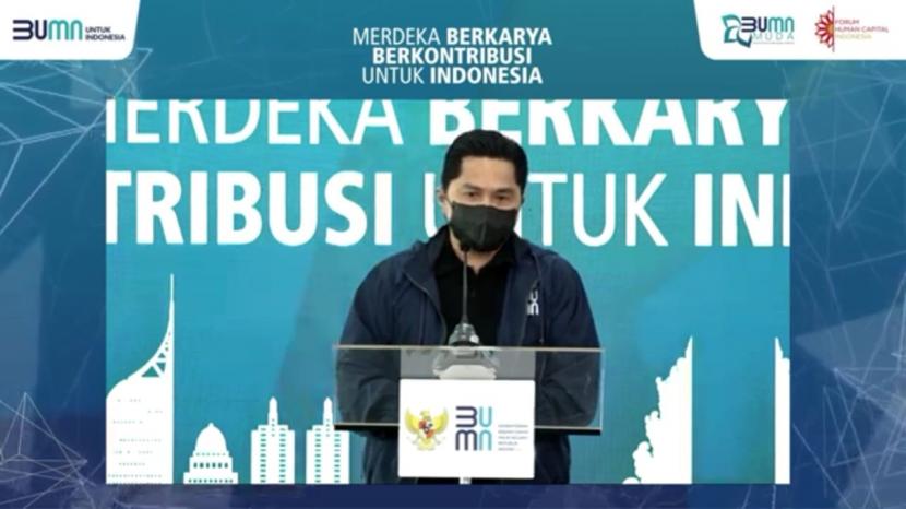 Menteri BUMN Erick Thohir saat menjadi pembicara utama acara bertajuk Merdeka Berkarya Berkontribusi untuk Indonesia di Jakarta, Rabu (25/8).