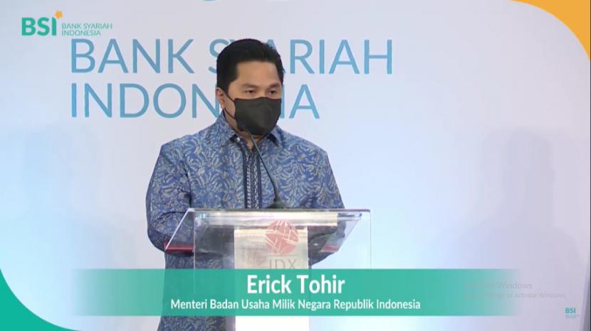Menteri BUMN Erick Thohir saat perkenalan PT Bank Syariah Indonesia Tbk kepada pelaku pasar modal di Bursa Efek Indonesia, Jakarta, Kamis (4/2).