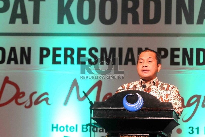 Menteri Desa, Pembangunan Daerah Tertinggal dan Transmigrasi (PDTT) Marwan Jafar memberikan kata sambutan saat Rapat Koordinasi Nasional Kementerian Desa PDTT di Jakarta, Selasa (31/3).
