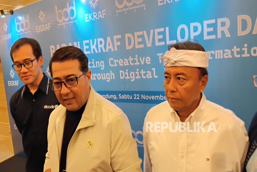 Menteri Ekonomi Kreatif/Kepala Badan Ekraf, Teuku Riefky Harsya di acara Badan Ekraf Developer Day (BDD) 2025 bertajuk Accelerating Creative Transformation Through Digital Talent di Trans Hotel, Kota Bandung, akhir pekan ini. 