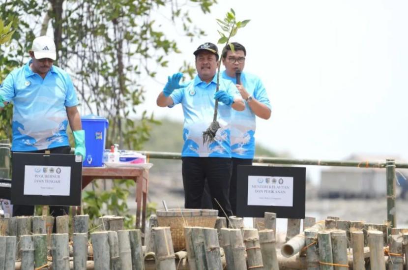 Menteri Kelautan dan Perikanan Sakti Wahyu Trenggono saat persiapan penanaman pohon di oesisir perairan Morodemak, Kecamatan Bonang, Kabupaten Demak, Jawa Tengah, Jumat (11/10/2024).