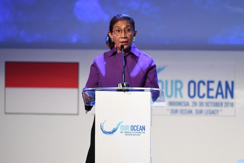 Menteri Kelautan dan Perikanan Susi Pudjiastuti menjadi narasumber pada sesi pleno Forum Kepemimpinan Kelautan Global pada Our Ocean Conference (OOC) 2018, di Nusa Dua, Bali, Selasa (30/10/2018).
