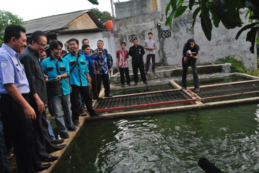 Menteri Kelautan dan Perikanan, Syarif C Sutardjo, menyaksikan kolam ikan karya mahasiswa Unida Bogor