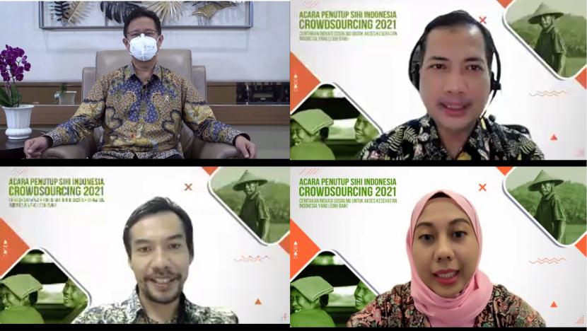 Menteri Kesehatan Budi Gunadi Sadikin (kiri atas) saat memberikan sambutan pada acara virtual Penutupan SIHI Indonesia Crowdsourcing 2021 dengan tema 