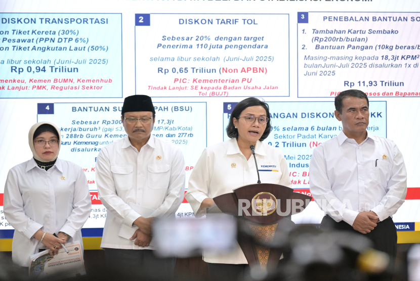 Menteri Keuangan (Menkeu) Sri Mulyani Indrawati di Kompleks Istana Kepresidenan Jakarta, Senin (2/6/2025) sore WIB.
