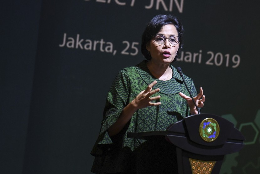 Peluncuran Data Sampel BPJS: Menteri Keuangan Sri Mulyani berpidato saat peluncuran data sampel BPJS Kesehatan di Jakarta, Senin (25/2/2019).