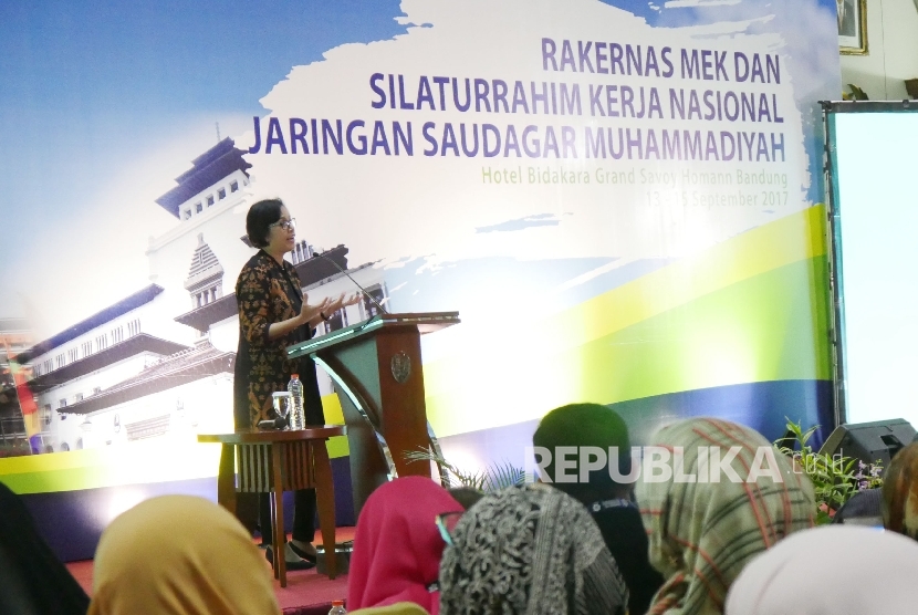 Finance Minister Sri Mulyani addresses her speech during the opening of the National Working Meeting of Economic and Corporate Council (Rakernas MEK) and National Hospitality of Muhammadiyah Merchants Network (Silkanas JSM) in Bandung city, Wednesday (Sept 13).