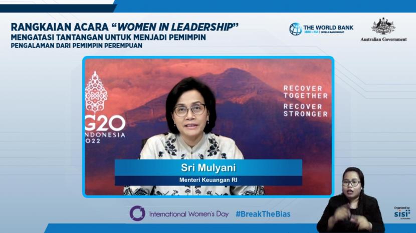 Menteri Keuangan Sri Mulyani mengatakan tema Recover Together Recover Stronger pada Presidensi G20 Indonesia memiliki dimensi kesetaraan gender yang sangat penting. Menurutnya, tidak ada proses pemulihan bersama jika setengah dari populasi yang ada tidak dapat memperoleh akses keuangan yang utamanya terjadi pada perempuan.
