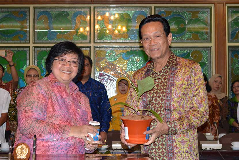  Menteri LHK Siti Nurbaya (kiri) menyerahkan bibit pohon jati kepada Gubernur DIY Sri Sultan Hamengku Buwono X di Yogyakarta, Jumat (12/6). (Republika/Amin Madani)