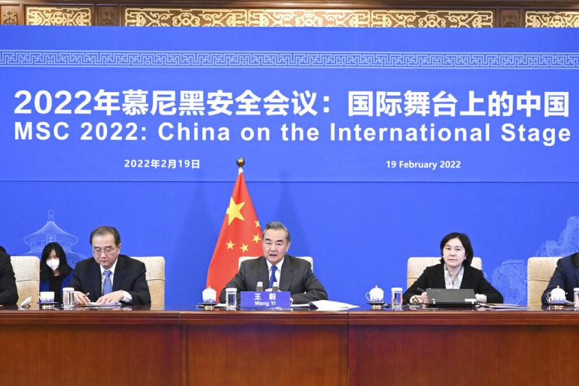 Menteri Luar Negeri China Wang Yi tengah berbicara pada the 58th Munich Security Conference (MSC) melalui konferensi video, Sabtu (19/2/2022).