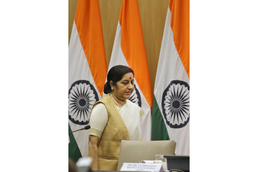 Menteri Luar Negeri India Sushma Swaraj di New Delhi, India, 5 Juni 2017.