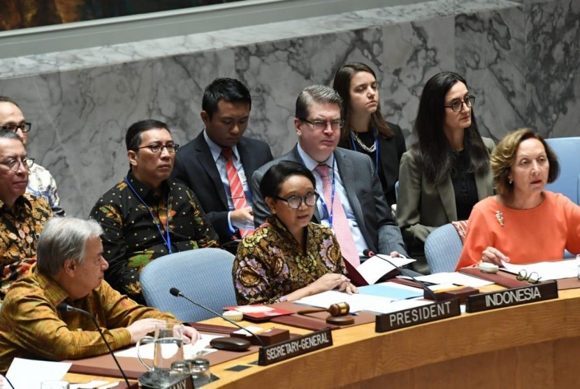 Menteri Luar Negeri Indonesia Retno LP Marsudi memimpin open debate di Dewan Keamanan PBB dengan menghasilkan presidential steatment, New York, Rabu (7/5).