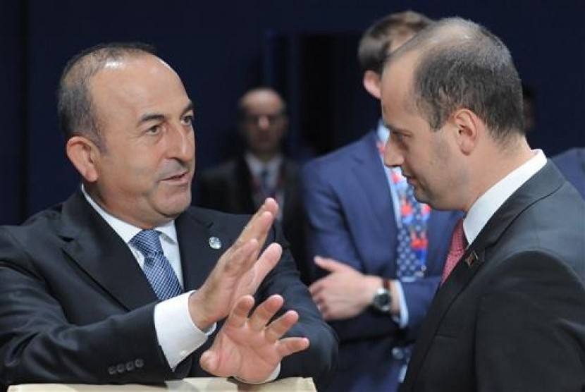 Menteri Luar Negeri Turki Mevlut Cavusoglu (kiri) berbicara dengan timpalannya dari Georgia Mikheil Janelidze saat KTT NATO di Warsawa, Polandia, Jumat, 8 Juli 2016.