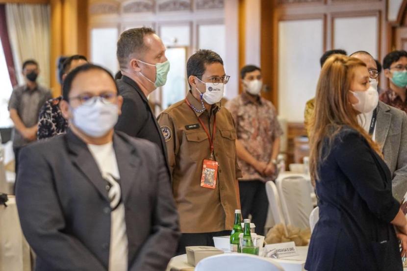 Menteri Pariwisata dan Ekonomi Kreatif (Menparekraf) Sandiaga Salahuddin Uno hadiri peluncuran aplikasi Lokasi Intelligence 2.0 di Jakarta Selatan, Rabu (7/4).