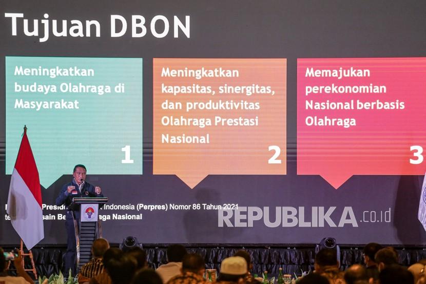 Menteri Pemuda dan Olahraga Zainudin Amali memaparkan Desain Besar Olahraga Nasional (DBON) saat Rapat Koordinasi Implementasi DBON di Gading Serpong, Tangerang, Banten, beberapa waktu lalu.