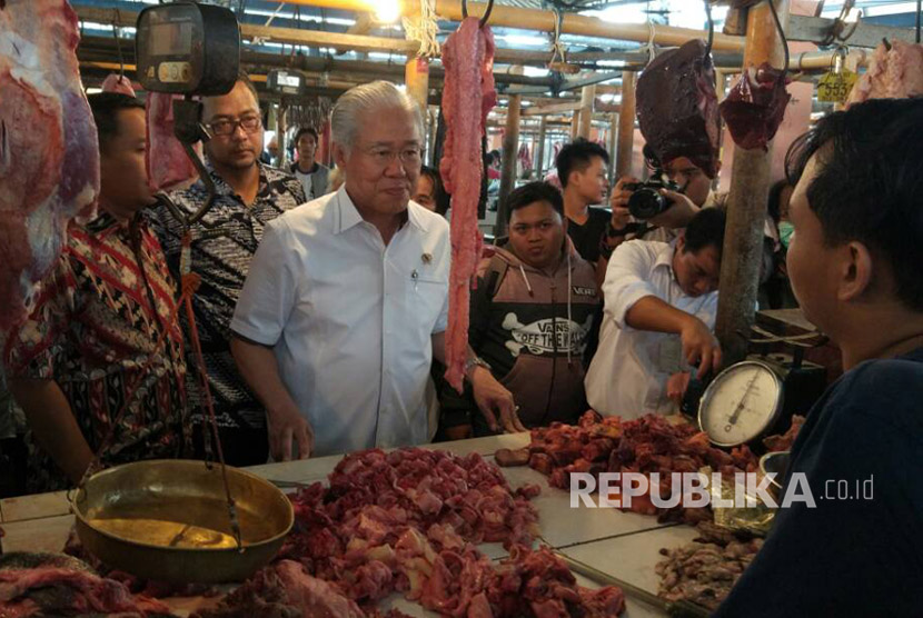 Menteri Perdagangan Enggartiasto Lukita melakukan kunjungan ke Pasar Kranggot di Cilegon, Banten, untuk nengecek harga bahan pangan pokok, Kamis (15/6).