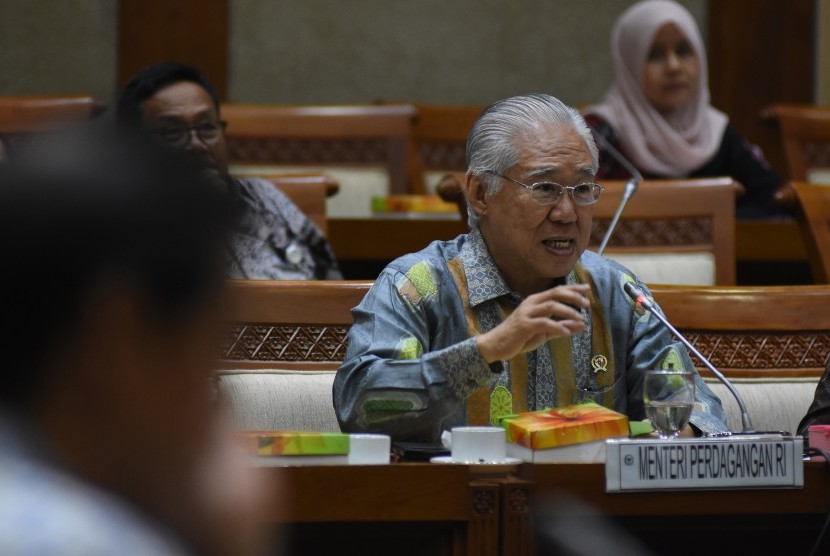 Menteri Perdagangan Enggartiasto Lukita menyampaikan paparannya saat mengikuti rapat kerja dengan Komisi VI DPR di Kompleks Parlemen Senayan, Jakarta, Selasa (18/6). 