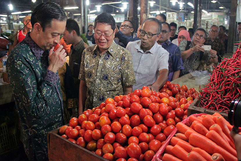 Menteri Perdagangan Thomas Lembong memeriksa kondisi buah tomat yang dijual pedagang saat melakukan kunjungan ke Pasar Induk, Tangerang, Banten, Selasa (10/11)