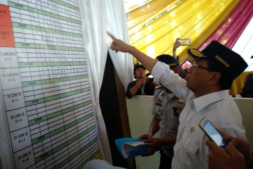 Menteri Perhubungan Budi Karya Sumadi meninjau dan menyapa pemudik di Terminal Kampung Rabutan, Jakarta Timur, Selasa (19/6). 