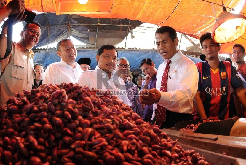 Menteri Pertanian Amran Sulaiman (kedua kanan) bersama dengan Komisi IV DPR RI melakukan survei bawang saat kunjungan ke Pasar Induk Cibitung, Bekasi, Jawa Barat, Rabu (8/7). 