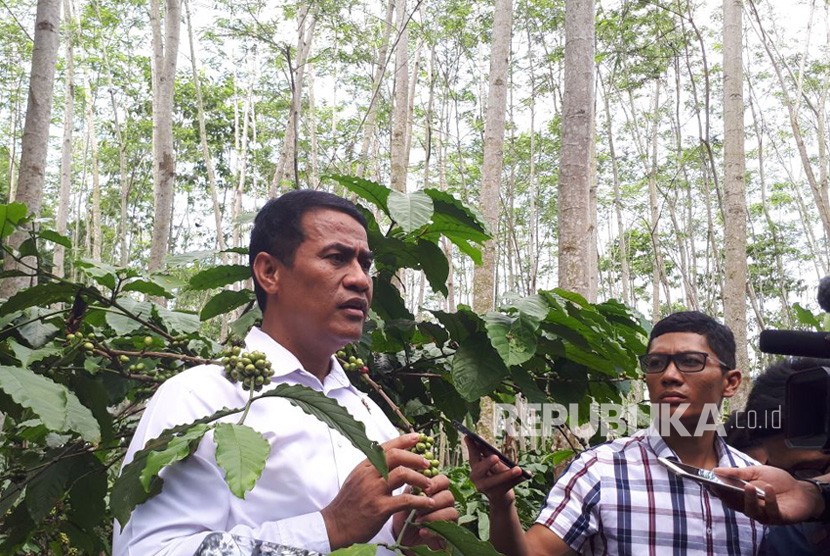 Menteri Pertanian Amran Sulaiman menjawab pertanyaan wartawan seputar Optimalisasi Pemanfaatan Alsintan (OPA), di Jember, Jawa Timur, Rabu, (23/5).