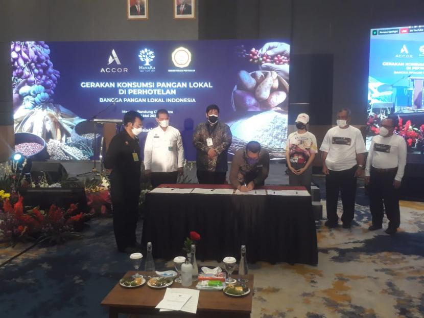 Menteri Pertanian (Mentan), Syahrul Yasin Limpo menghadiri kegiatan gerakan konsumsi pangan lokal di Perhotelan di Hotel Mercure Bandung City Center, Kota Bandung, Sabtu (22/5).