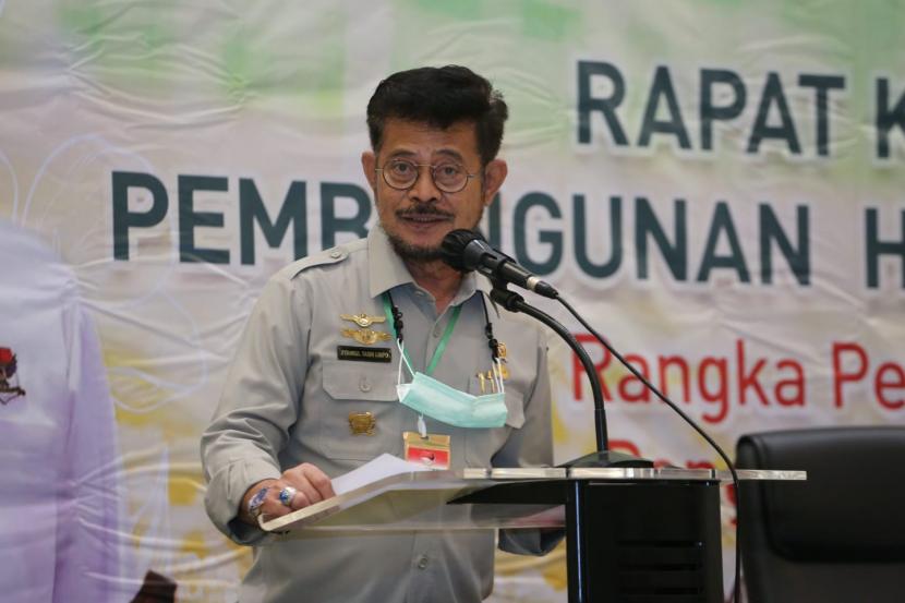 Menteri Pertanian (Mentan) Syahrul Yasin Limpo saat memberikan sambutan di Rakernas Pembangunan Hortikultura 2021 di The Margo Hotel, Depok, Senin (18/1).