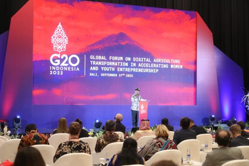 Menteri Pertanian RI, Syahrul Yasin Limpo saat menyampaikan sambutan dalam Global Forum Agriculture Ministerial Meeting (AMM) G20 di Bali, Selasa (27/9/2022).