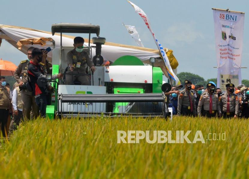 Menteri Pertanian Syahrul Yasin Limpo dan petani mengoprasikan mesin pemotong padi saat panen raya. 