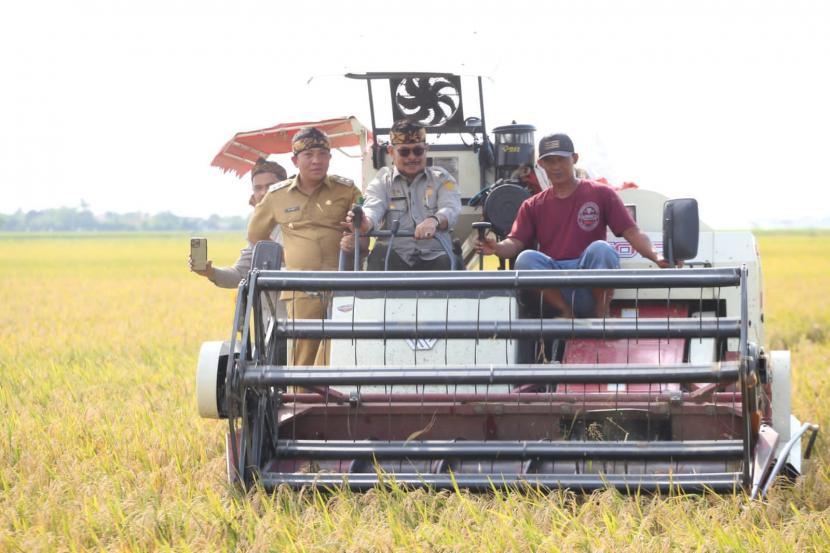 Menteri Pertanian, Syahrul Yasin Limpo melakukan panen raya padi perdana 2023 di Kecamatan Jayakerta, Kabupaten Karawang, Jawa Barat, pada Senin (9/1/2023).