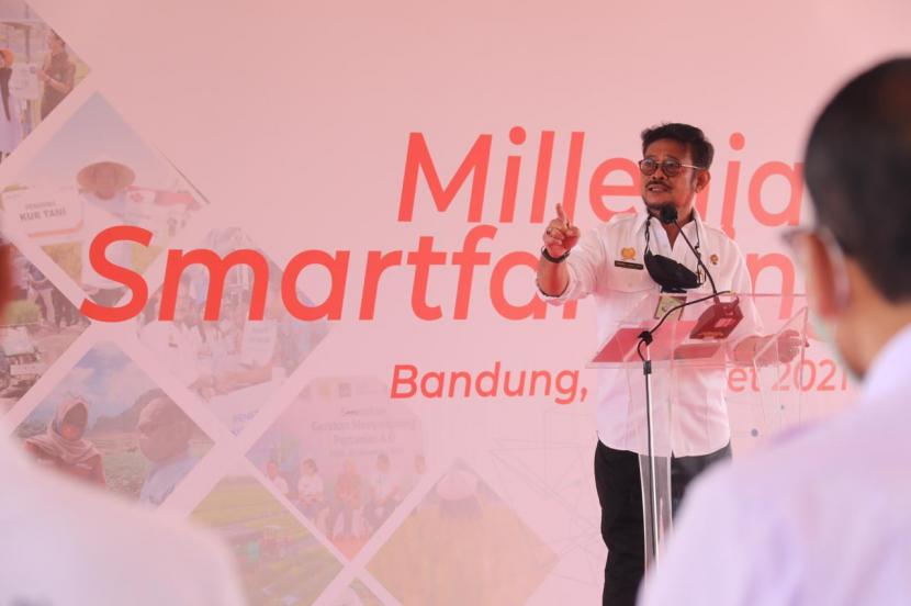 Menteri Pertanian Syahrul Yasin Limpo saat menyampaikan sambutan pada Program Milenial Smartfarming kerja sama PT BNI dengan Kementerian Pertanian.