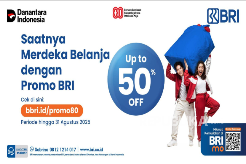 Menyambut HUT ke-80 Republik Indonesia, BRI memberikan promo spesial termasuk diskon hingga 50 persen.