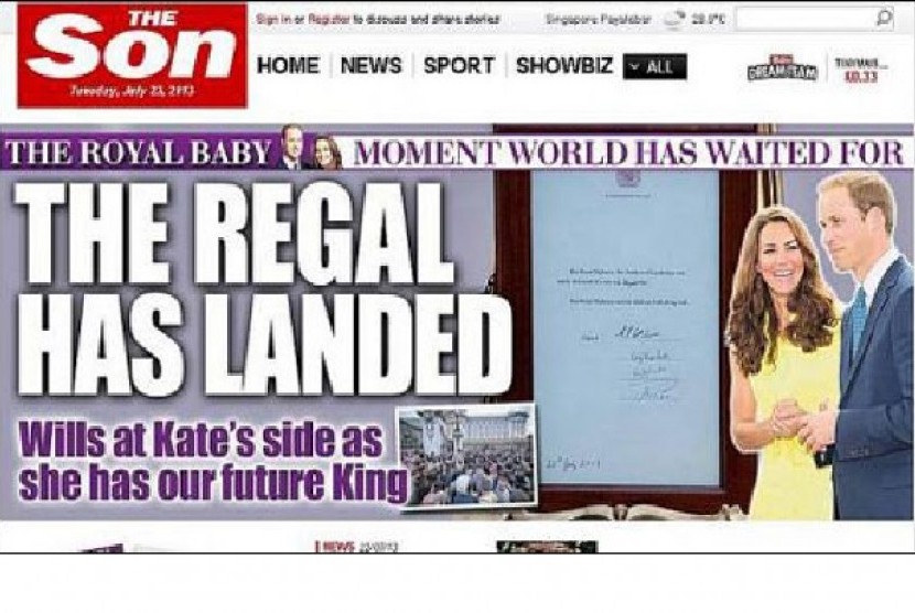 Menyambut kelahiran putera mahkota Inggris, tabloid The Sun berubah nama menjadi The Son