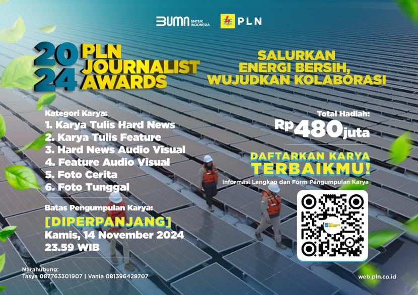 Menyambut tingginya antusiasme para jurnalis dalam berpartisipasi pada ajang PLN Journalist Award (PJA) 2024, PT PLN (Persero) memperpanjang masa pendaftaran, yang semula berakhir pada 31 Oktober 2024 menjadi 14 November 2024.