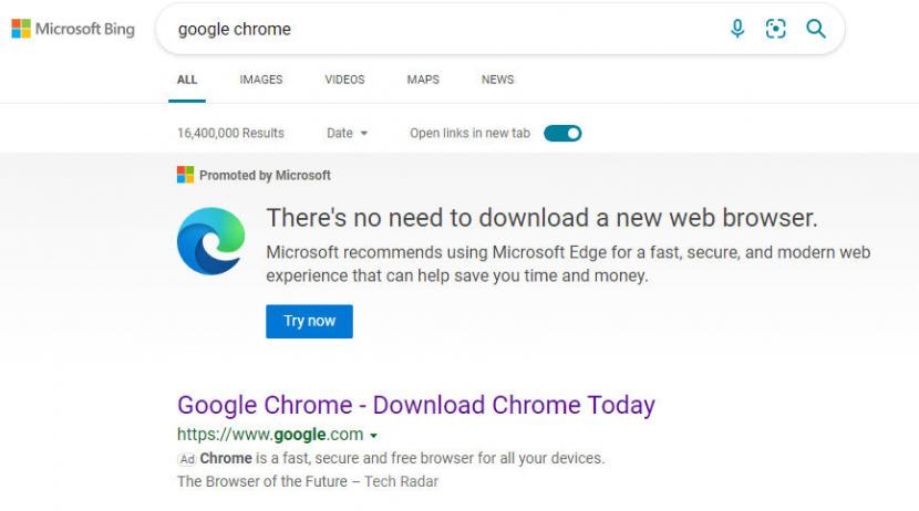 Microsoft memasukkan popup di Edge jika pengguna membuka situs web Google Chrome. 