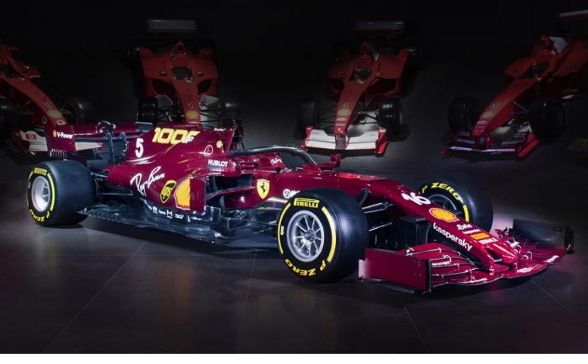 Mobil khusus Ferrari dengan livery spesial menyambut balapan ke-1.000 Ferrari di Formula Satu yang akan berlangsung di GP Tuscan, Italia, akhir pekan ini.