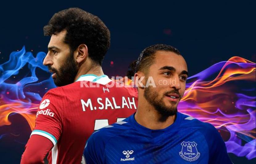 Striker Liverpool Mohamed Salah vs Striker Everton Dominic Calvert-Lewin (kanan). 