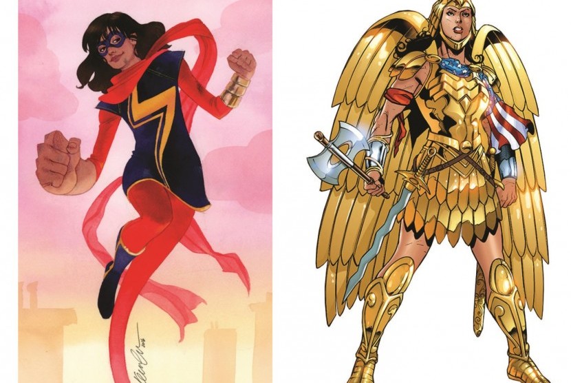 Ms Marvel (ilustrasi Kevin Wada), dan Wonder Woman (ilustrasi Gail Simone) dalam kostum paling sopannya.