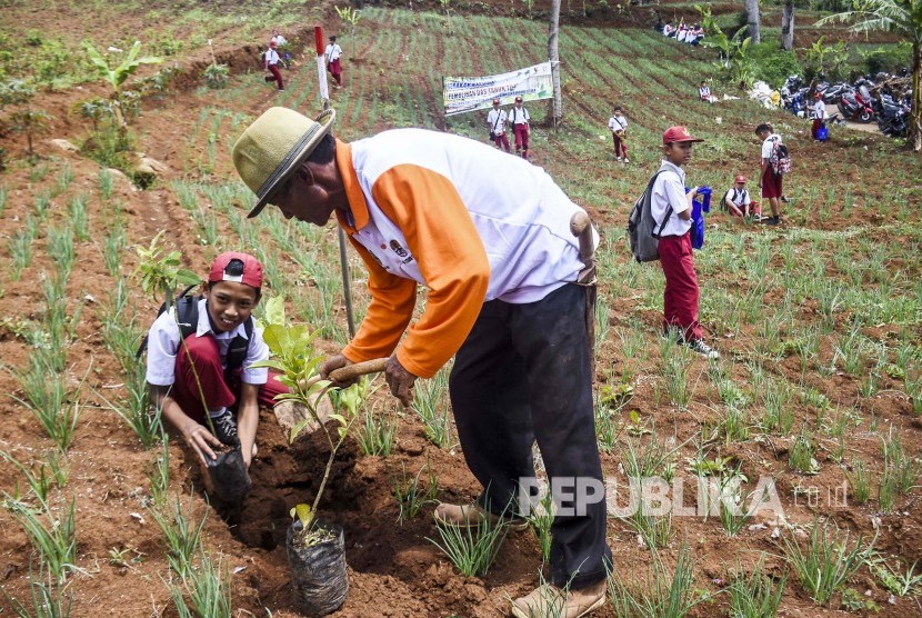  Pemerintah Provinsi Jawa Barat sedang menyusun peraturan agar warga berperan aktif menanam pohon di lahan kritis di Jawa Barat.  Foto: Murid SD bersama petani menanam pohon di area perkebunan di Kawasan Bandung Utara (KBU), Desa Cimenyan, Kabupaten Bandung, Senin (9/12).