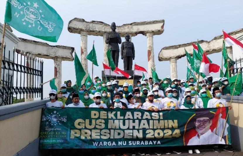 Deklarasi Gus Muhaimin capres Pilpres 2024 oleh sejumlah Nahdliyin di Tugu Pahlawan, Surabaya, Senin (31/1/2022). Warga Nahdliyin menginginkan capres berasal dari kader NU tulen 