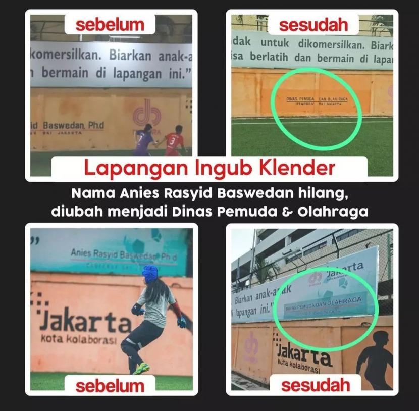 Nama Anies Rasyid Baswedan dihilangkan di Lapangan Ingub Klender, Jakarta Timur yang dibangun pada masanya menjadi gubernur DKI periode 2017-2022.