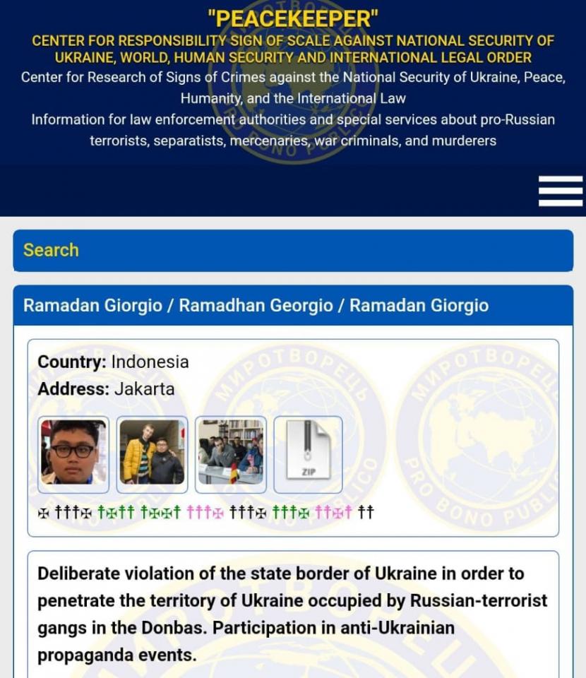 Nama Giorgio Ramadhan (24 tahun) masuk daftar musuh Ukraina di laman Myrotvorets akibat beraktivitas di Donbass. 