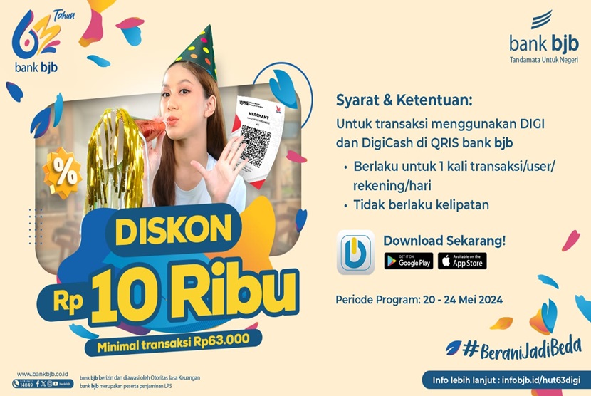 Nasabah setia bank bjb semakin dimanjakan di momen ulang tahun bank bjb ke-63. Memperingati ulang tahun yang ke-63, bank bjb meluncurkan program menarik yaitu diskon Rp 10.000 di berbagai merchant favorit dengan hanya melakukan transaksi minimal Rp 63.000 menggunakan aplikasi DIGI dan DigiCash di QRIS bank bjb. Promo ini berlangsung dari tanggal 20 hingga 24 Mei 2024.