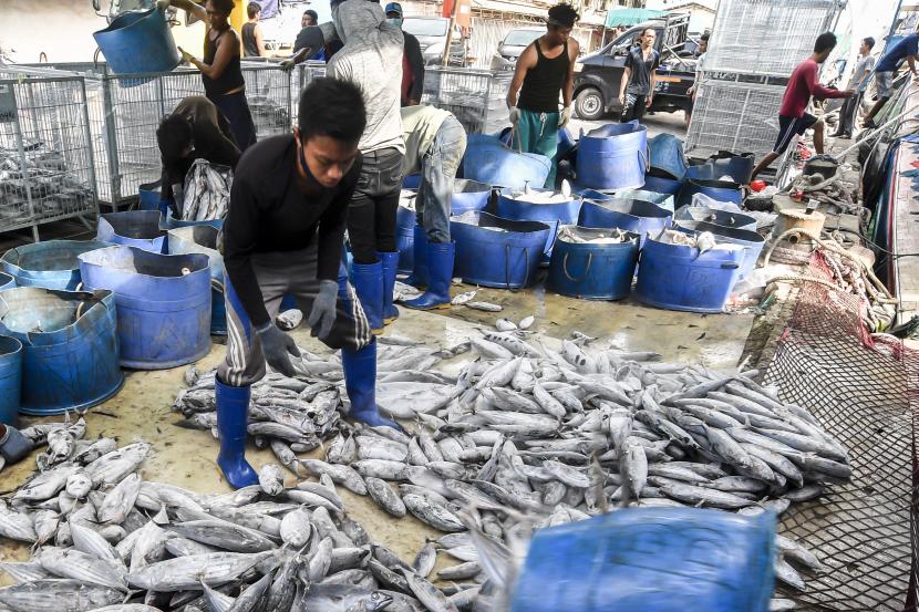 Nelayan melakukan bongkar muat ikan di Pelabuhan Muara Baru, Jakarta, Kamis (3/3/2021).